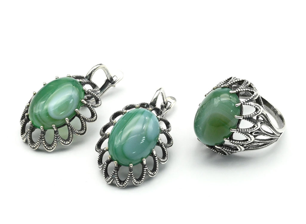 Кольцо Серьги с агатом тонированным, цв. светло-зеленый размер 20