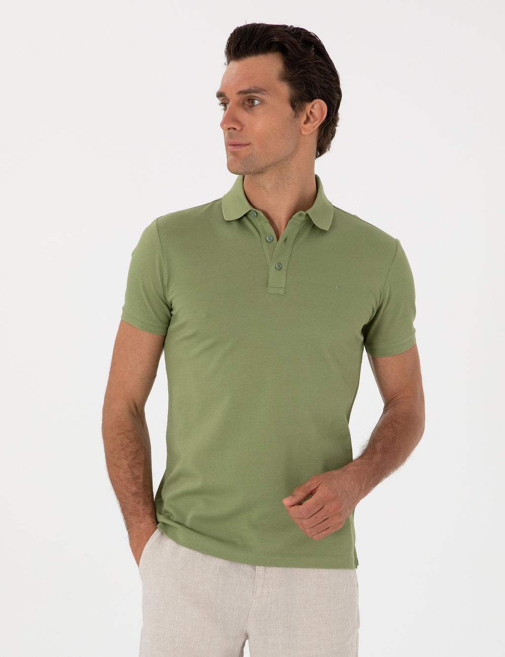 A__k Ye_il Slim Fit Polo Yaka Pamuklu Basic T-shirt - Cacharel фото 3