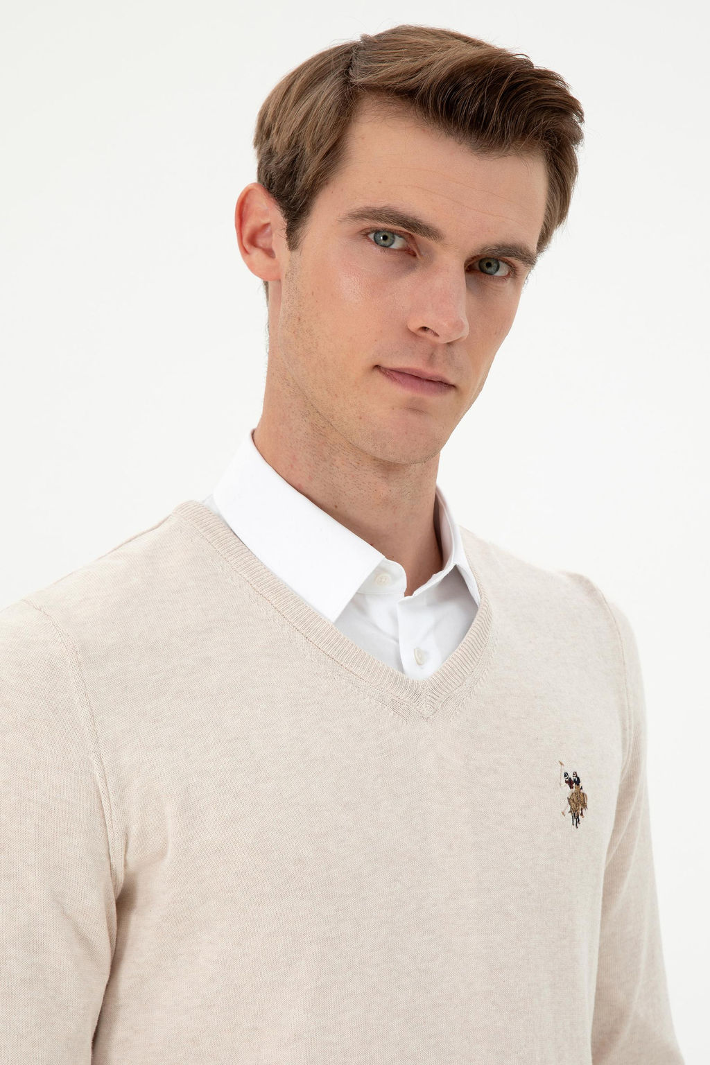 Erkek Slim Fit V Yaka Krem Melanj Basic Kazak