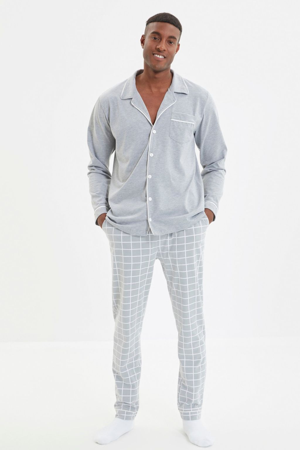 TRENDYOL MAN Lacivert Erkek Regular Fit Ust Biye Detayl? Orme %100 Pamuk Pijama Tak?m? TMNAW22PT1073 - Trendyolmilla фото 2