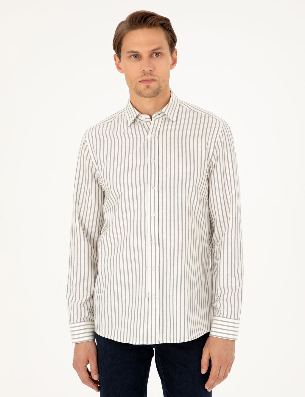 Lacivert Slim Fit _izgili Uzun Kollu G_mlek
