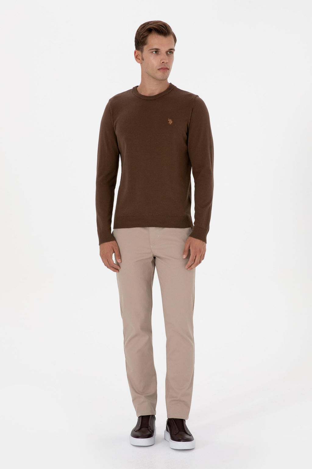 Erkek Slim Fit Bisiklet Yaka Kahverengi Basic Kazak - U.s. polo assn фото 4