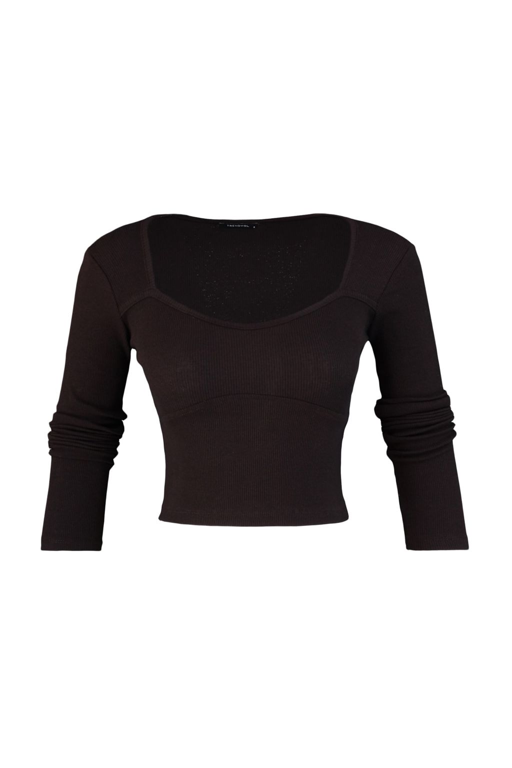 Trendyolmilla Kahverengi Dikis Detayl? Fitted/Vucuda Oturan Crop Fitilli Esnek Orme Bluz TWOAW22BZ0530
