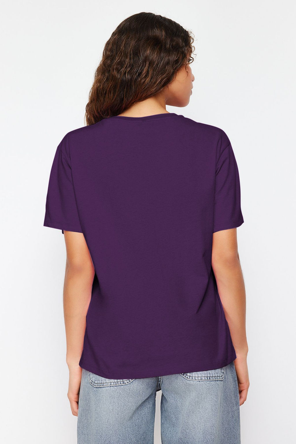 Mor %100 Pamuk Oversize/Genis Kal?p V Yaka Orme T-Shirt TWOSS23TS00003