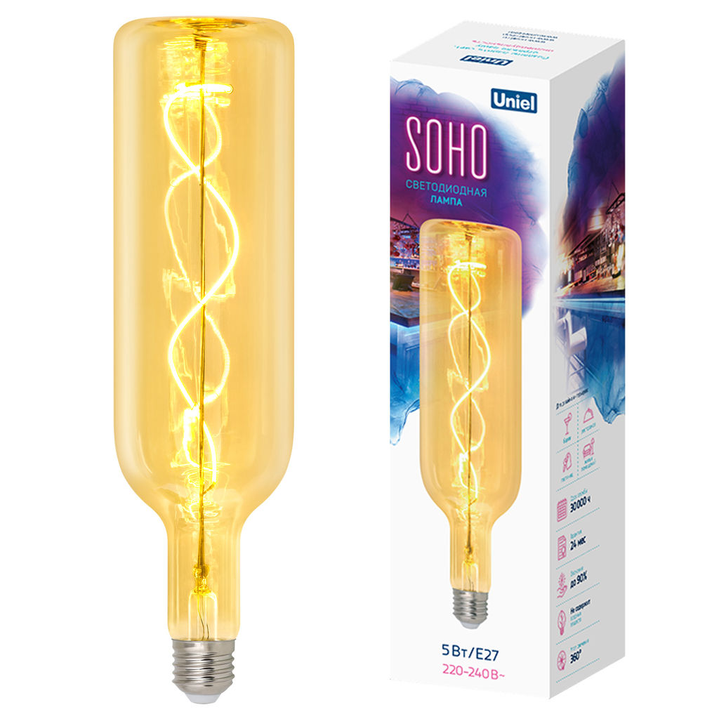 LED-SF21-5W/SOHO/E27/CW GOLDEN GLS77GO Лампа светодиодная SOHO. Золотистая колба. Спиральный филамент. Картон. ТМ Uniel