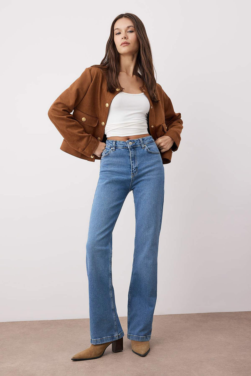 Gri Yuksek Bel Ispanyol Paca Flare Jeans TWOAW26JE00047 - Trendyolmilla фото 7