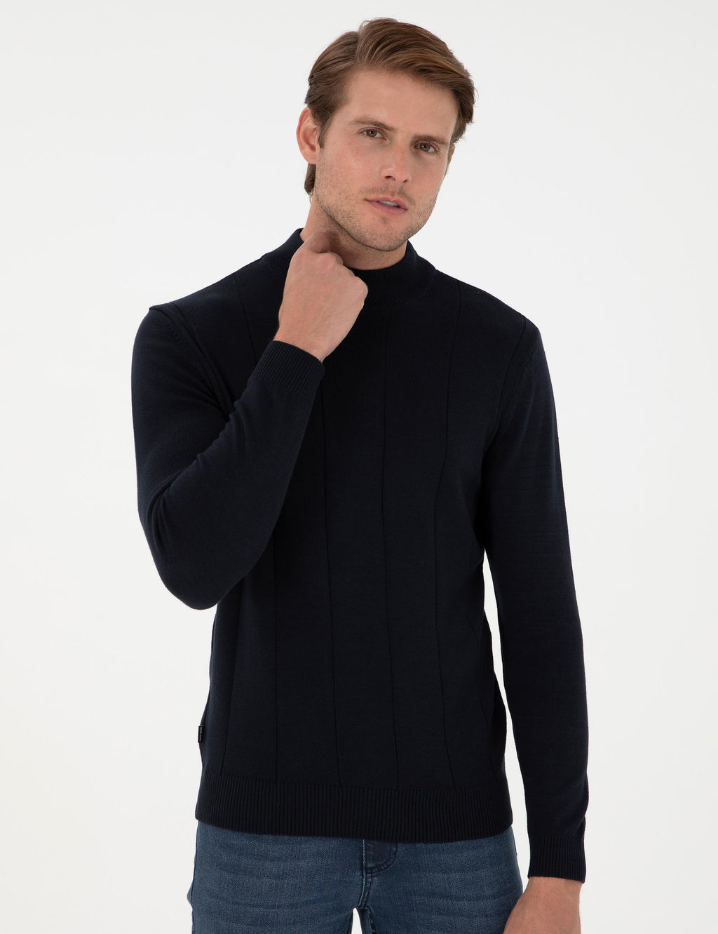 Lacivert Slim Fit Yar_m Bal_k__ Yaka Triko Kazak