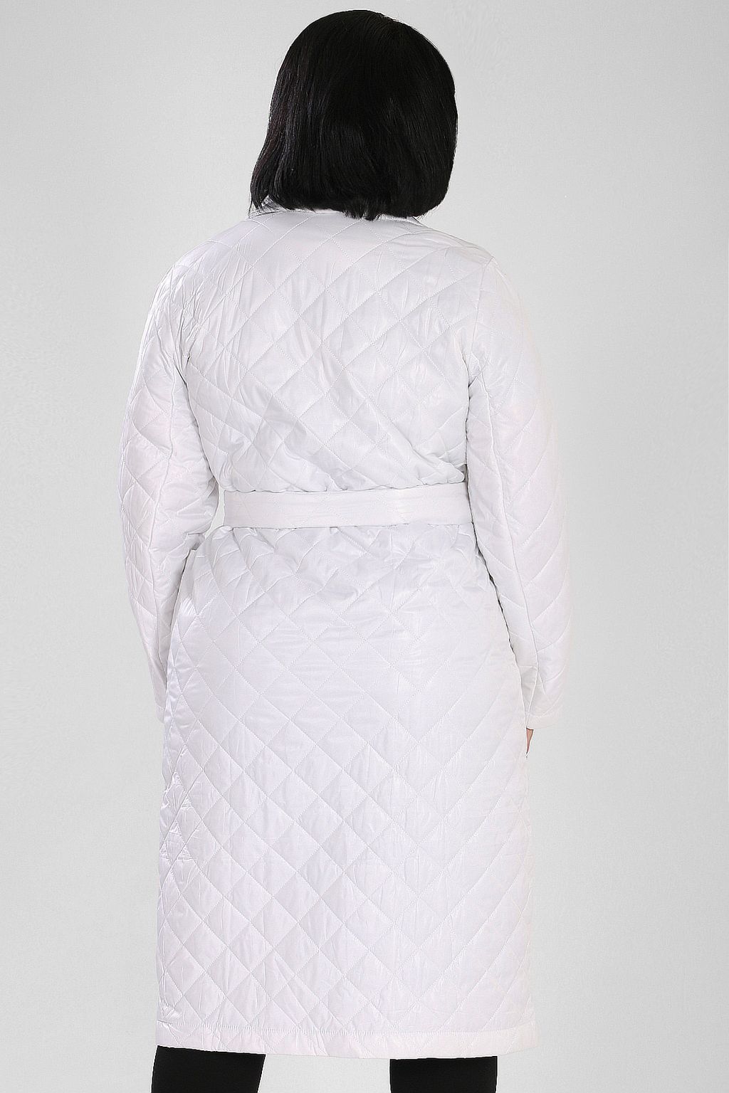 Стеганое женское пальто белого цвета на пуговицах с поясом - Almond фото 2
