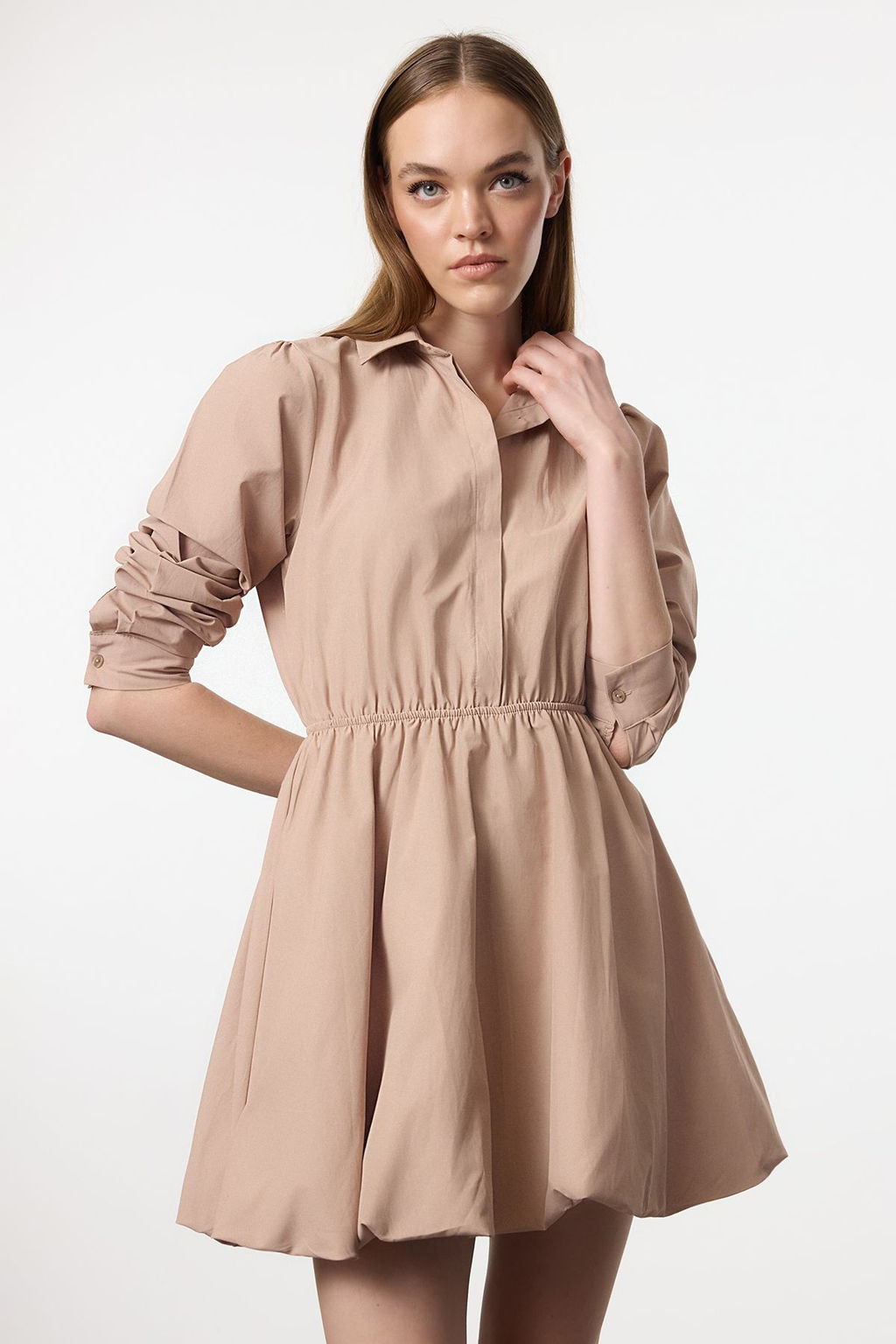 Camel Balon Etek Gomlek Yaka Mini Dokuma Elbise TWOAW25EL00489