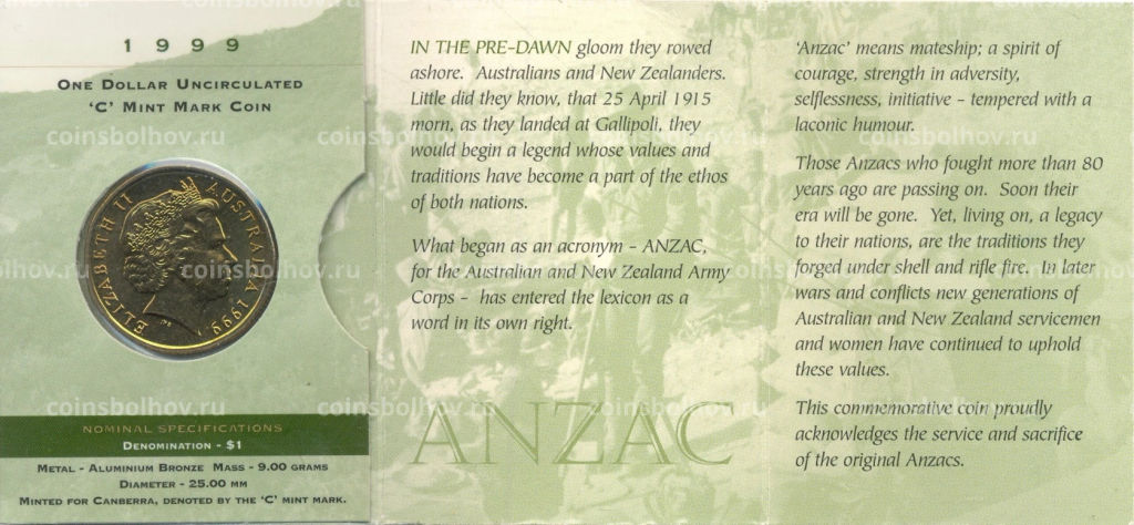 Монета 1 доллар 1999 года С Австралия Последние из АНЗАК (в блистере)