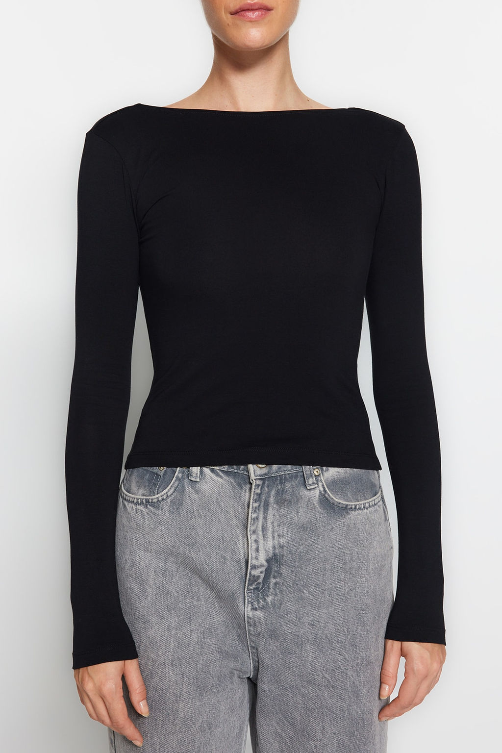 Siyah Pamuklu Esnek S?rt Dekolteli Fitted/Vucuda Oturan Esnek Bluz TWOAW24BZ00160