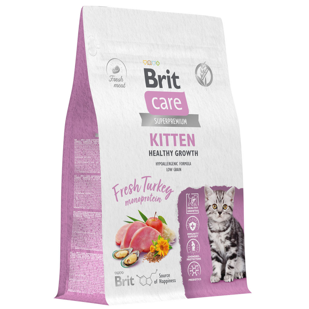 BRIT CARE, Сухой корм с индейкой д/котят, бер.и корм.кош "Cat Kitten Healthy Growth",7кг, 5066063