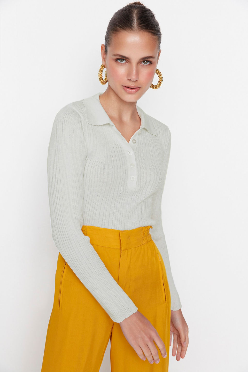 Ekru Merserize Gorunumlu Polo Yaka Fitilli Triko Kazak TWOAW21KZ0773