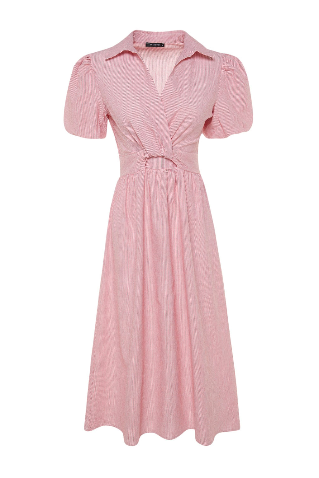 Pembe Cizgili Kruvaze Yaka Midi Dokuma Elbise TWOSS23EL02233