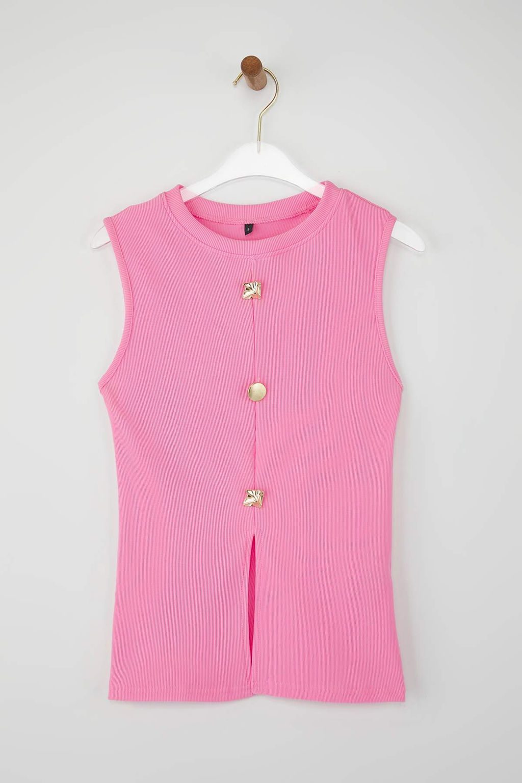 Pembe Aksesuar Dugmeli Bisiklet Yaka Regular Boy Yelek Orme Bluz TWOSS25BZ00558