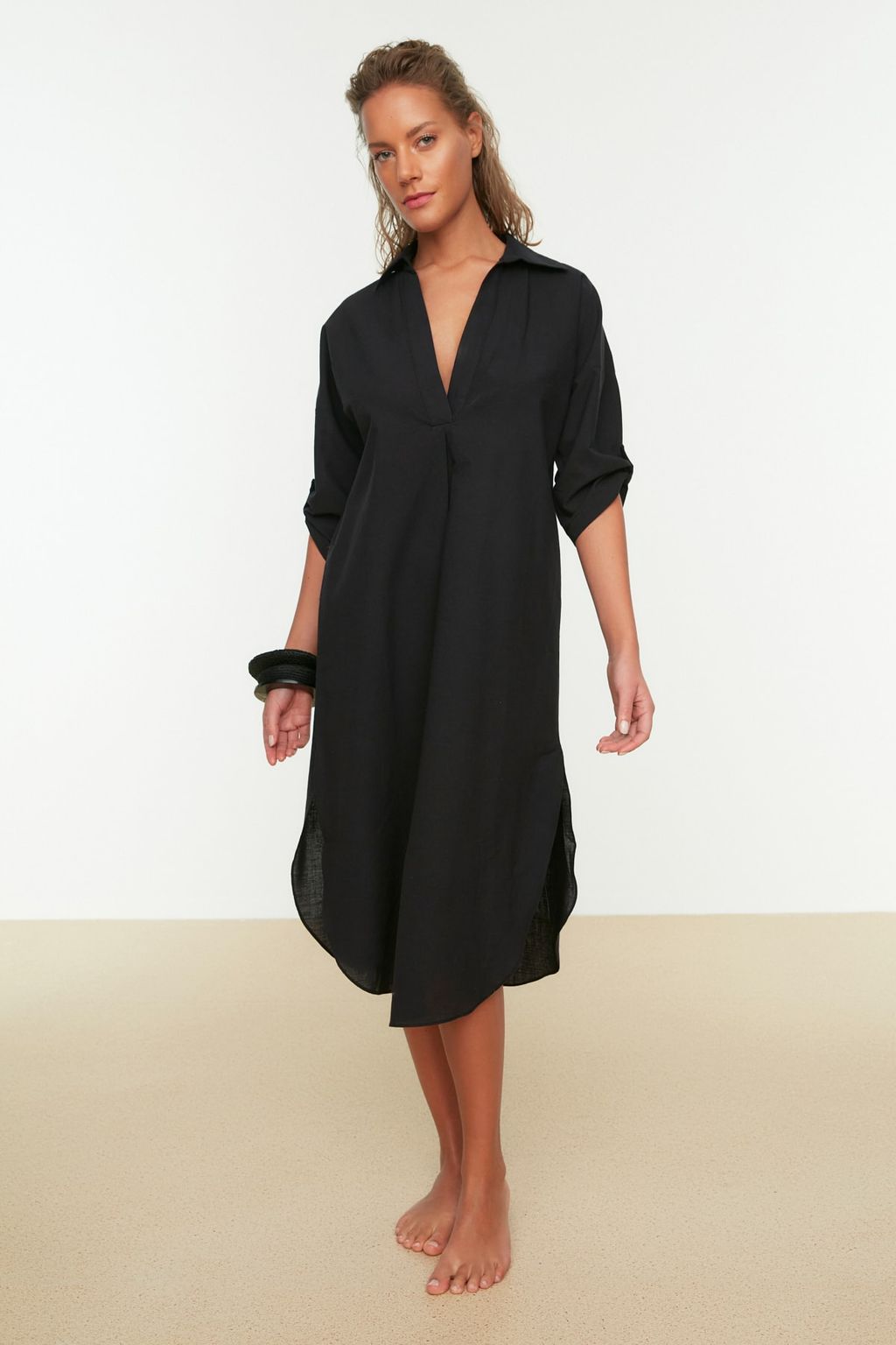 Siyah Dokuma Y?rtmacl? Plaj Midi Elbise TBESS21EL3847 - Trendyolmilla фото 5