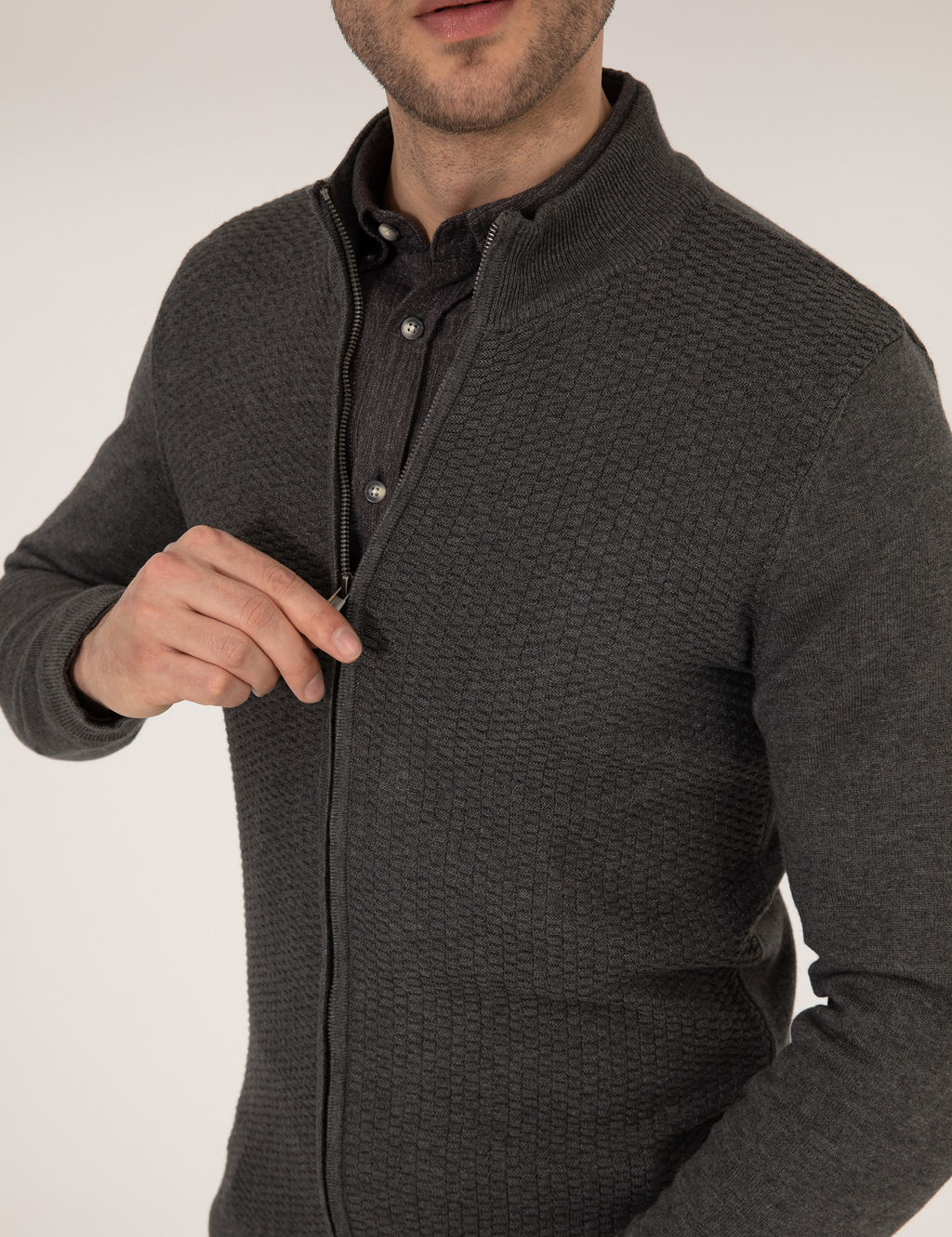 Gri Melanj Slim Fit Fermuarl_ Triko H_rka