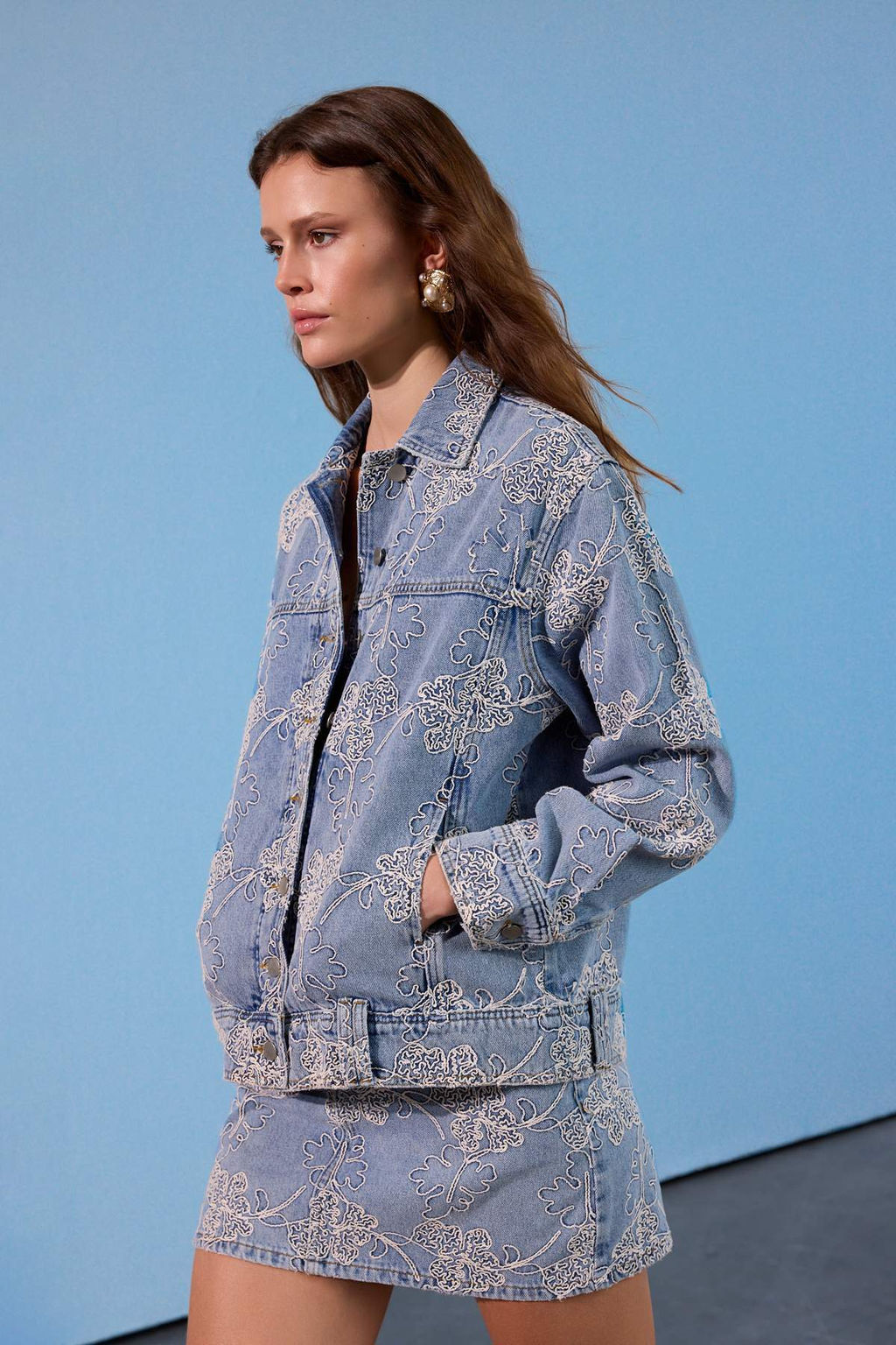 Limited Edition Mavi Desenli Oversize Denim Ceket TWOSS26CE00045