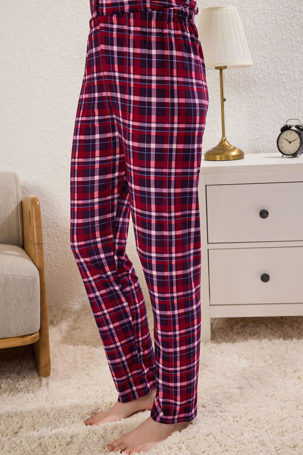 Trendyolmilla K?rm?z? Ekoseli Yumusak Hissiyatl? F?rcal? Kumas Uyku Bantl? Orme Pijama Tak?m? THMAW24PT00100  фото 3