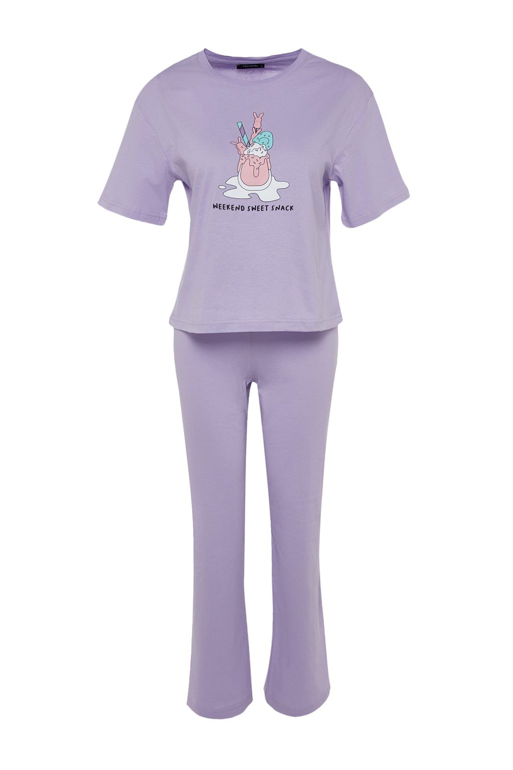 Trendyolmilla Lila %100 Pamuklu Eglenceli Bask?l? T-shirt-Pantolon Orme Pijama Tak?m? THMSS23PT00134 фото 31