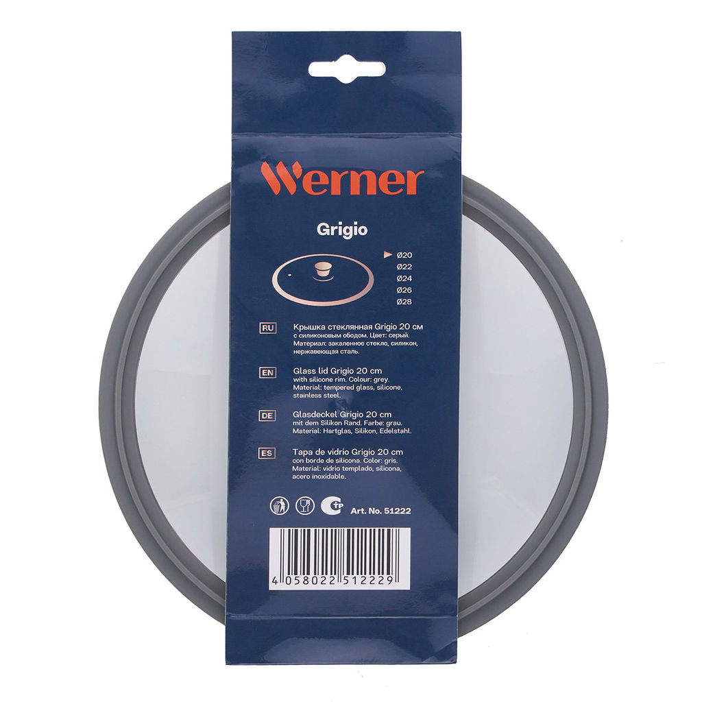 51222 WERNER Крышка стеклянная GRIGIO 20 см с силиконовым ободом. Цвет: серый. Материал: закаленное стекло, силикон, нерж. сталь.  фото 4
