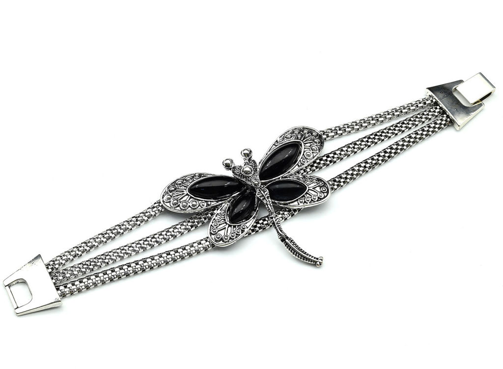 Браслет на металлической основе "Стрекоза" с агатом черным (имитация), 21см