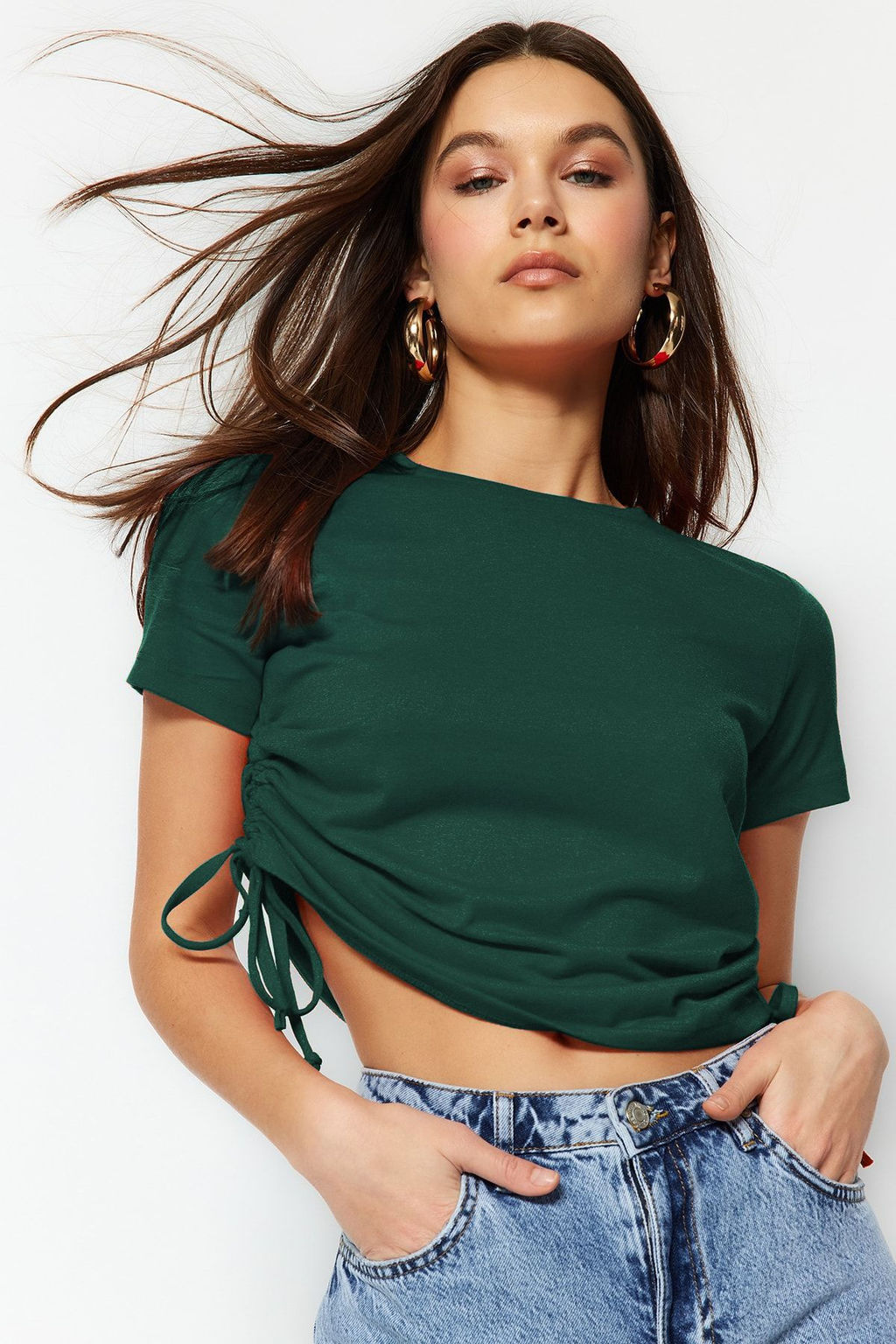 TRENDYOLMILLA Lacivert %100 Pamuk Bisiklet Yaka Buzgulu Basic Orme T-Shirt TWOSS21TS0131