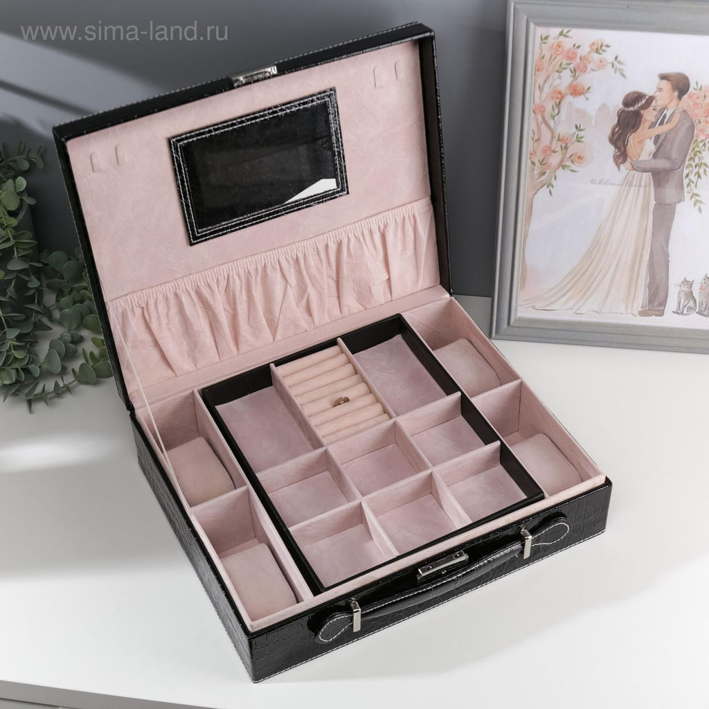 Шкатулка кожзам под часы 4 отделения и бижутерию Чёрный чемоданчик 9х32,5х26 см - Simaland фото 6