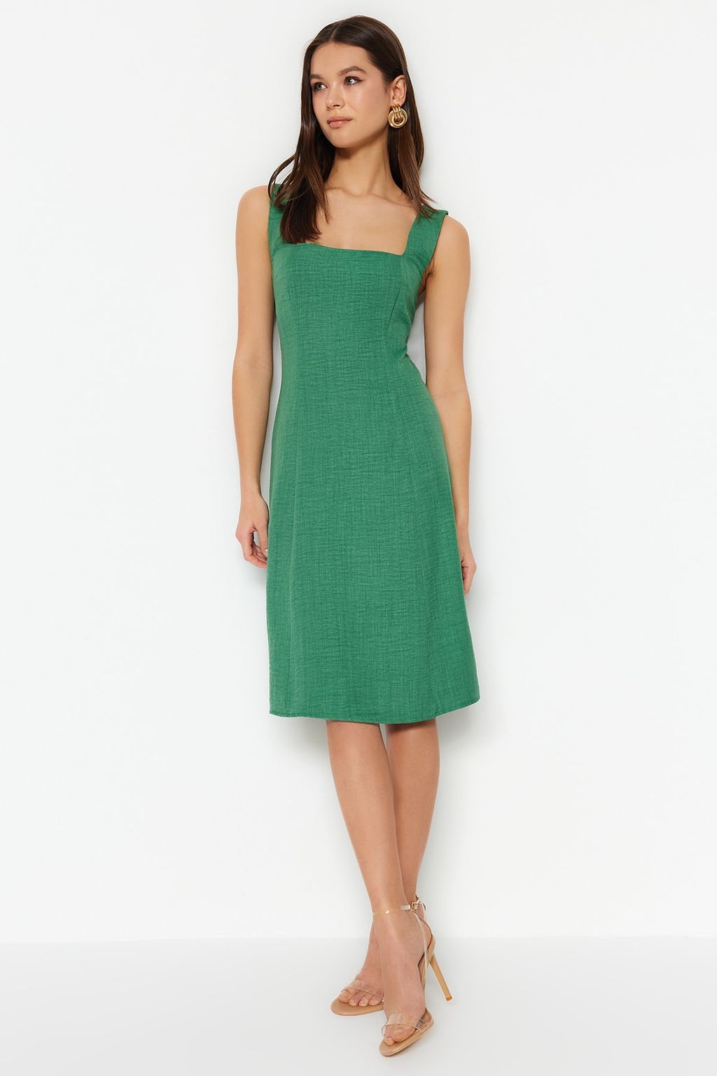 Haki A-Kesim Kare Yaka Mini Dokuma Elbise TWOSS23EL01549 - Trendyolmilla фото 5