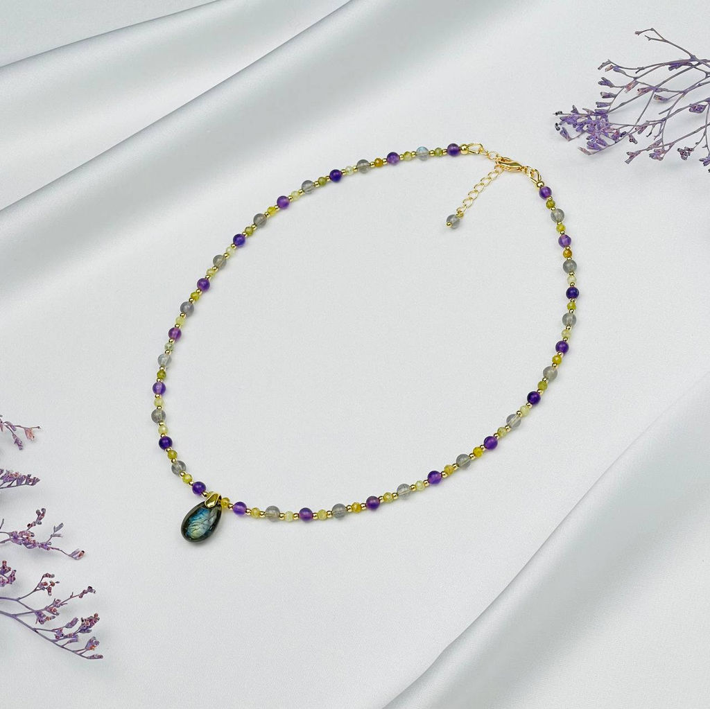 Колье для "Овна" из Лабрадора, Аметиста и Граната "Гроссуляр" 38 см +