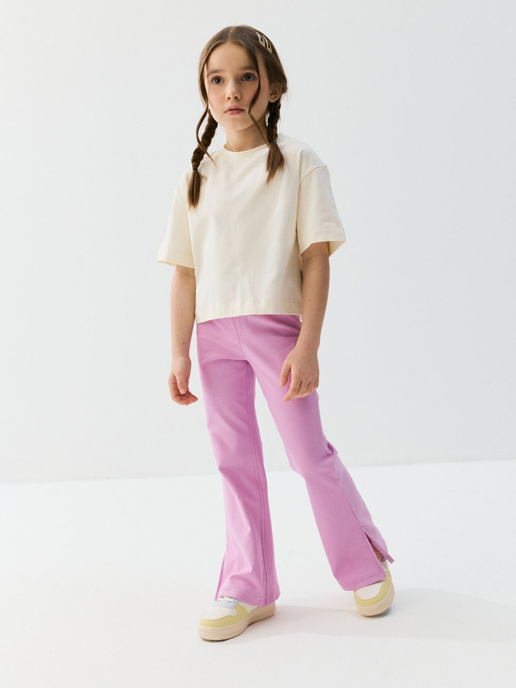 Брюки клеш с разрезами Сиреневый крокус из джинскота - Bungly фото 3