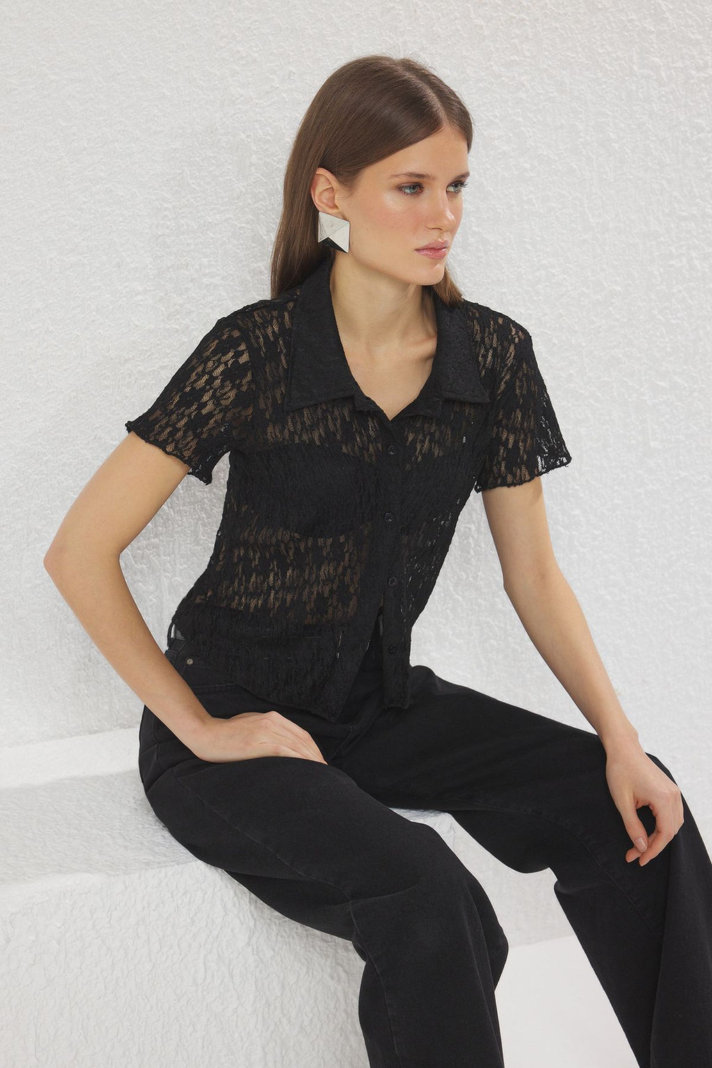 Ac?k Mavi Polo Yaka Dantel Fitted/Vucuda Oturan Esnek Orme Bluz TWOSS25BZ00407 - Trendyolmilla фото 6