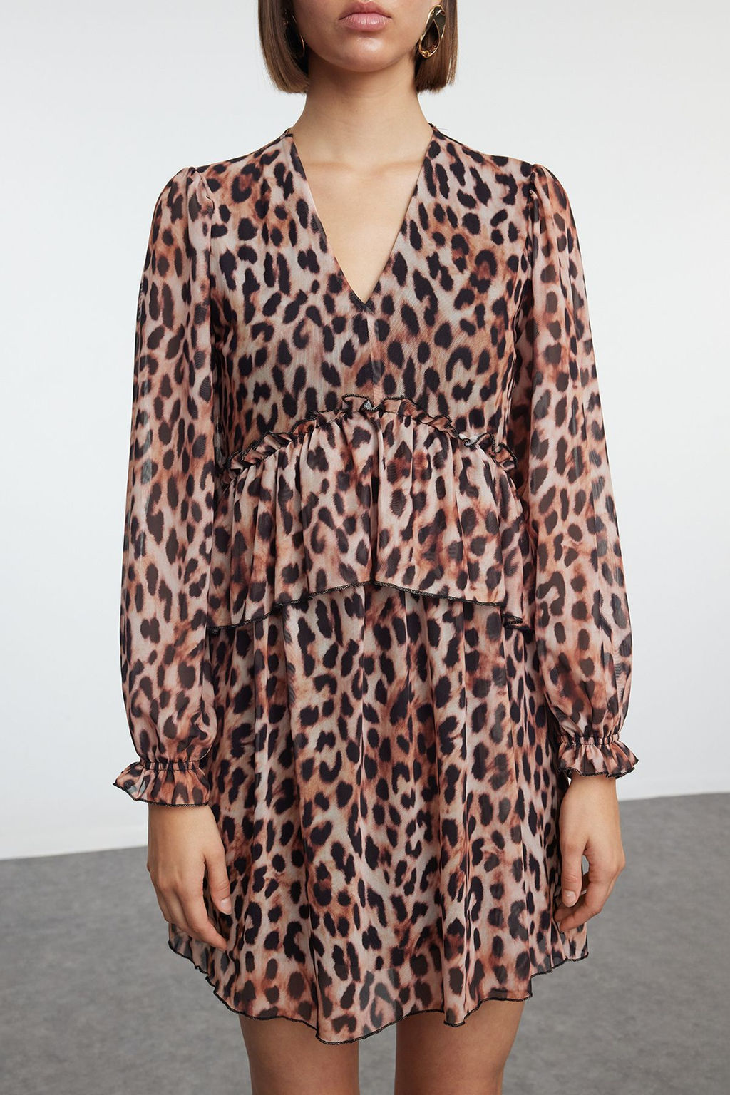 Kahverengi Animal F?rf?r Detayl? A Line/Can Kesim Balon Kol Mini Orme Elbise TWOAW25EL00226 - Trendyolmilla фото 3