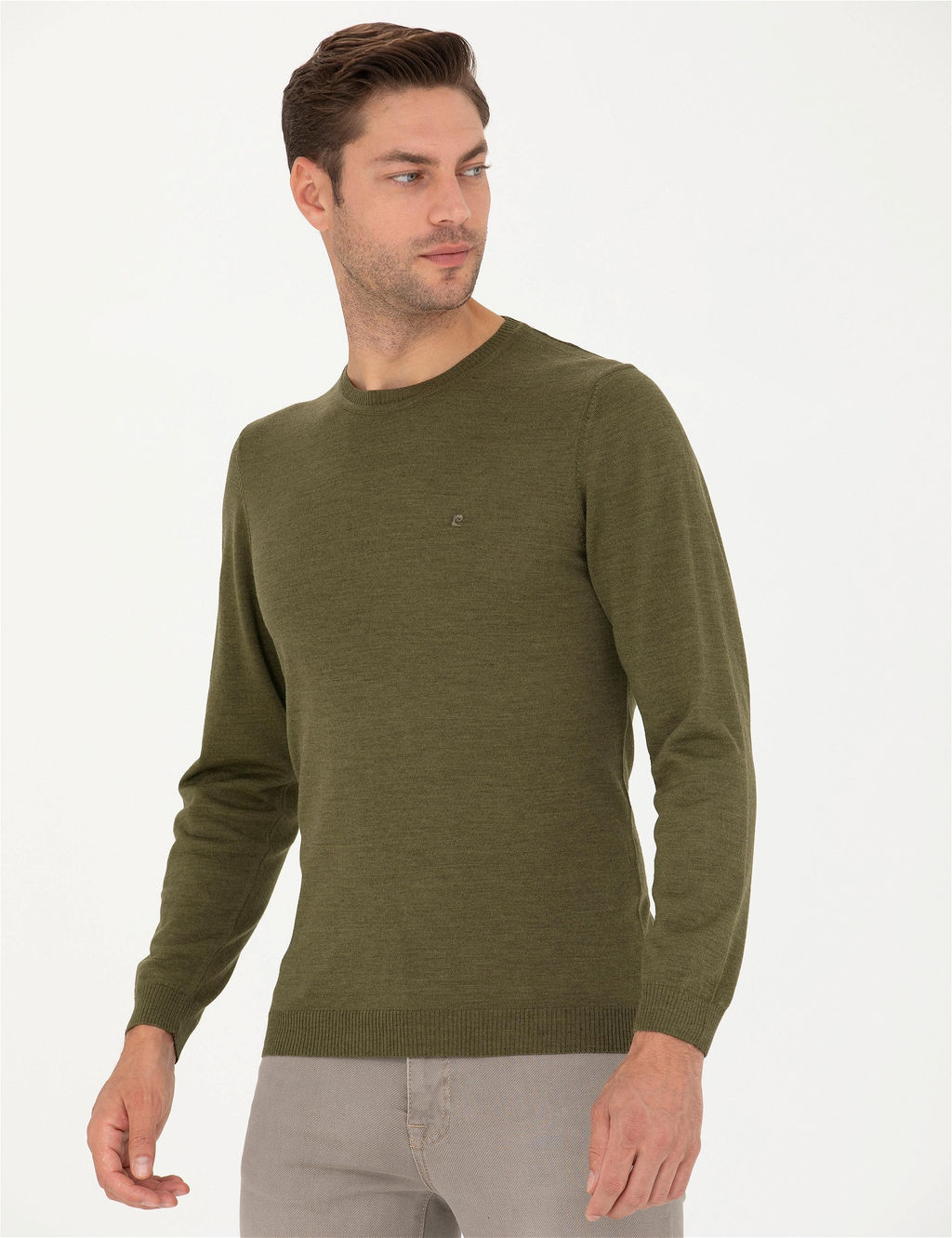 A__k Ye_il Slim Fit Bisiklet Yaka Y_n Kar___ml_ Basic Triko Kazak