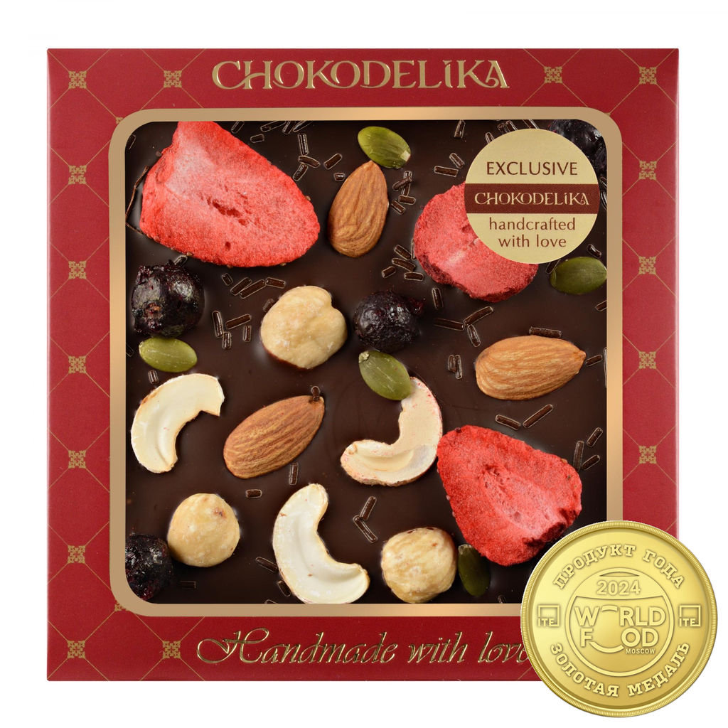 Шоколад темный с украшением Клубника, миндаль, фундук 75 гр