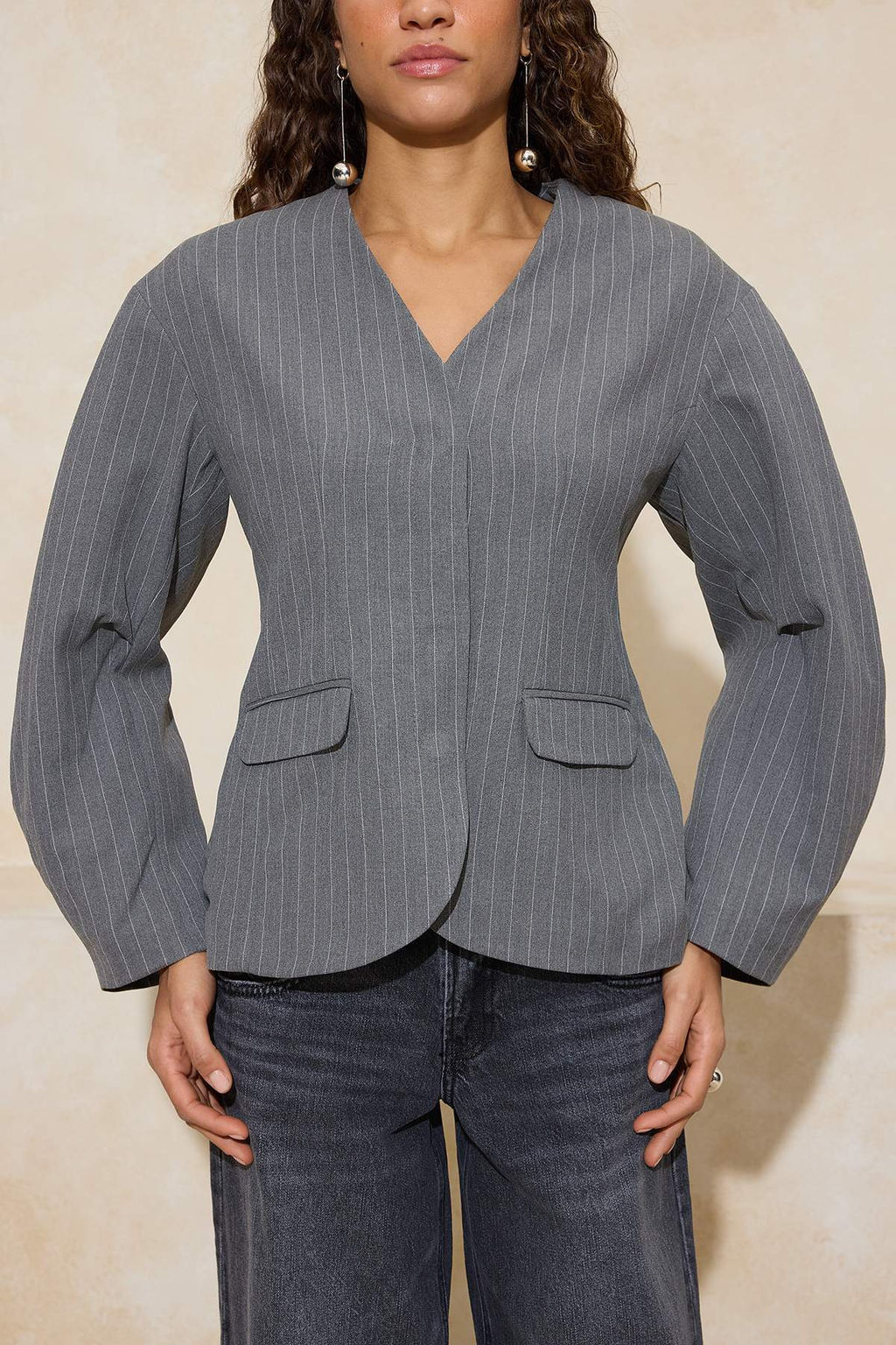 Gri Cizgili Kol Detayl? Fitted/Vucuda Oturan Astarl? Vatkal? Dokuma Blazer Ceket TWOSS26BC00025 - Trendyolmilla фото 3