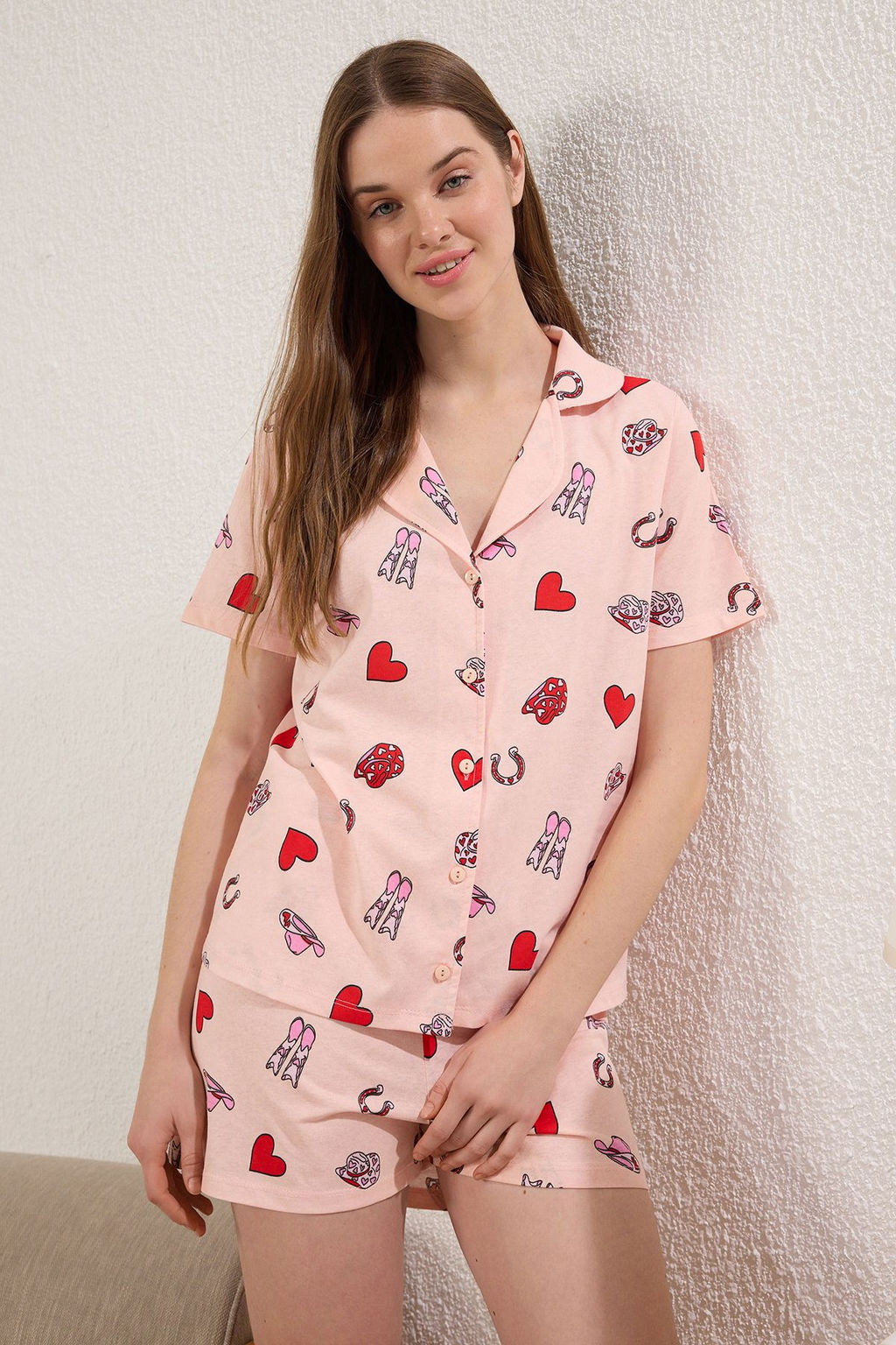 Trendyolmilla Pembe %100 Pamuklu Kalpli Sortlu Orme Pijama Tak?m? THMSS25PT00298  фото 3