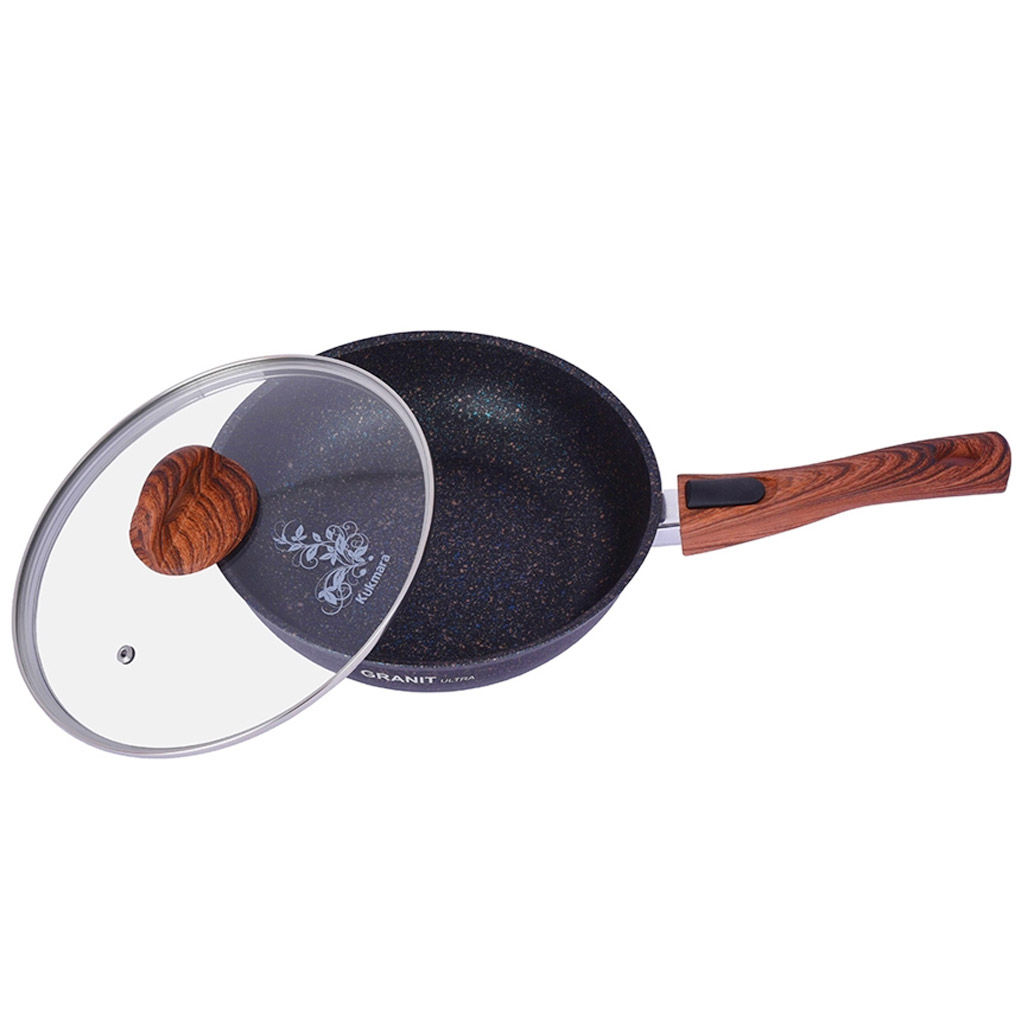 Сковорода с тефлоновым покрытием д24см Granit Ultra, h6см, съемная ручка из термостойкого пластика 17см, стеклянная жаропрочная крышка, голубой гранит (Россия) - можно использовать металлические кухонные принадлежности - Домашняя мода фото 2
