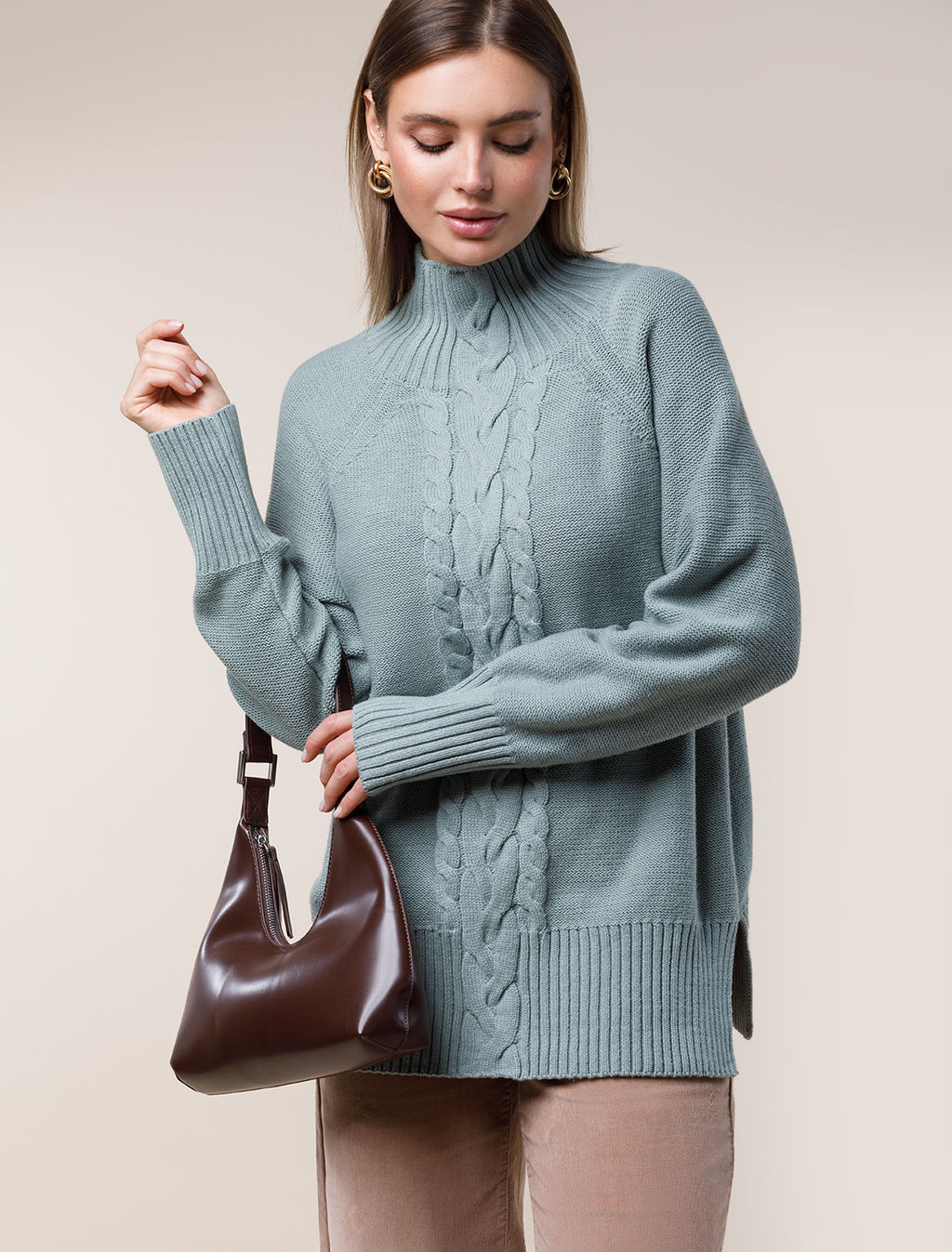 Свитер фактурной вязки с узором косы - Vilatte фото 6