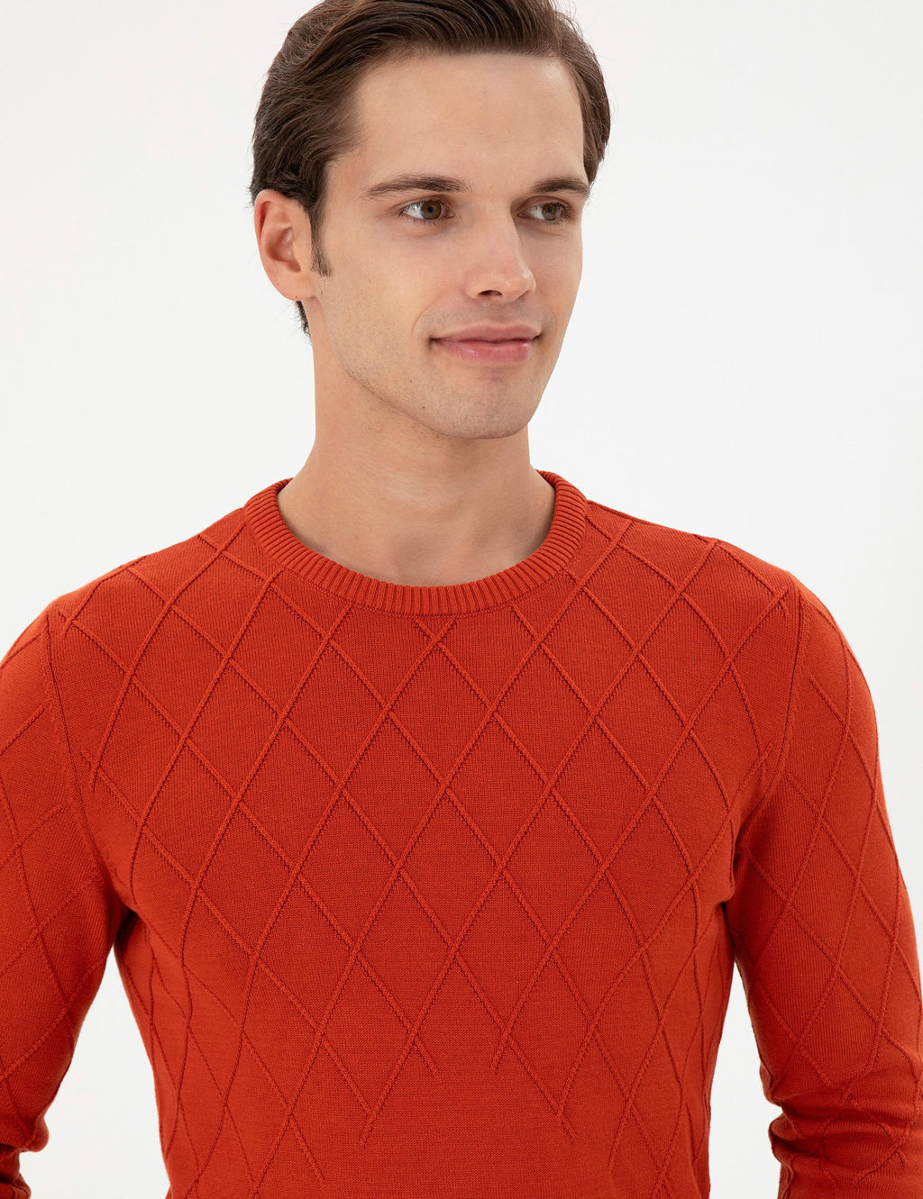 Erkek Slim Fit Bisiklet Yaka Kiremit Kazak