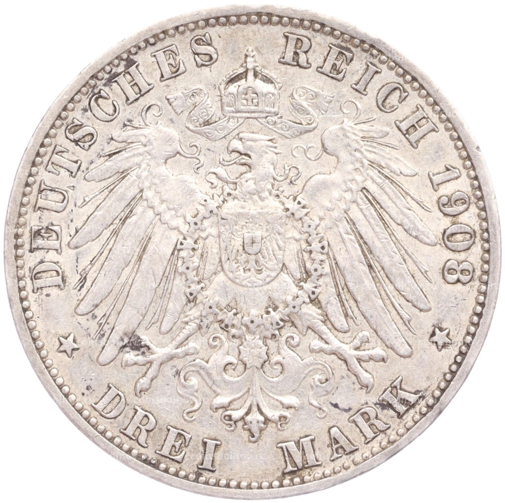 Монета 3 марки 1908 года G Германия (Баден)