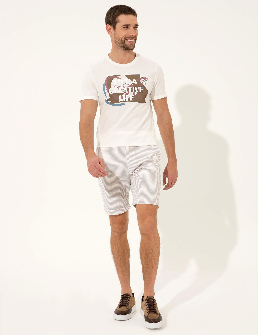 Bej Slim Fit _izgili Bermuda _ort
