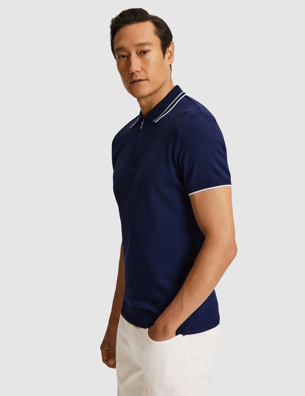 Lacivert Slim Fit Fermuarl_ Polo Yaka Triko T-shirt
