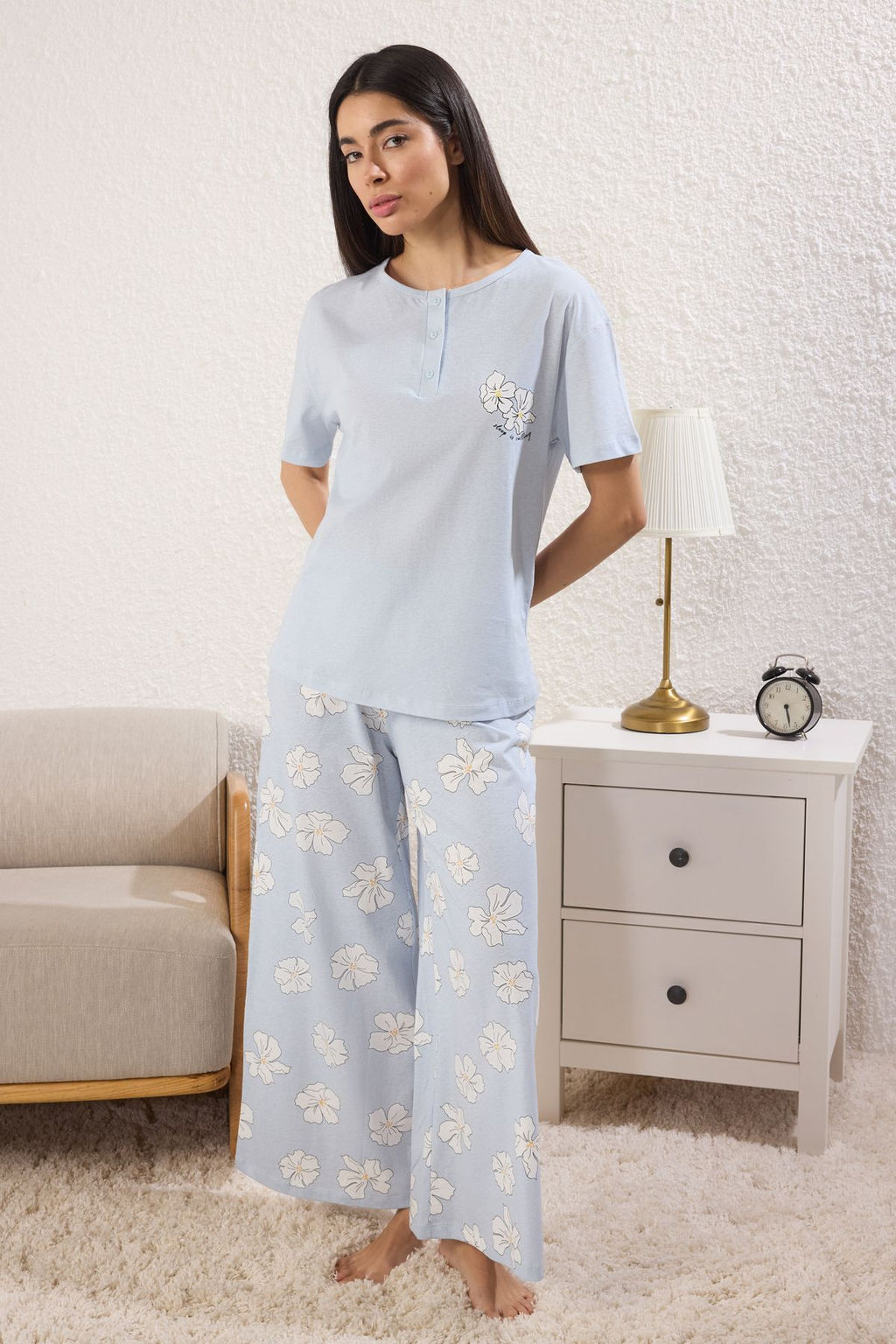 Trendyolmilla Lila %100 Pamuklu Cicekli Dugmeli Orme Pijama Tak?m? THMSS25PT00179  фото 2