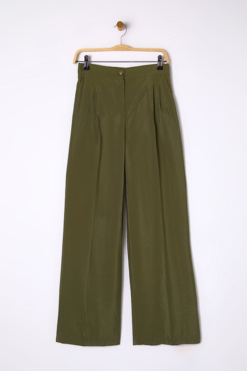 Haki Yumusak Tuseli Wide Leg/Genis Paca Dokuma Pantolon TWOSS25PL00004