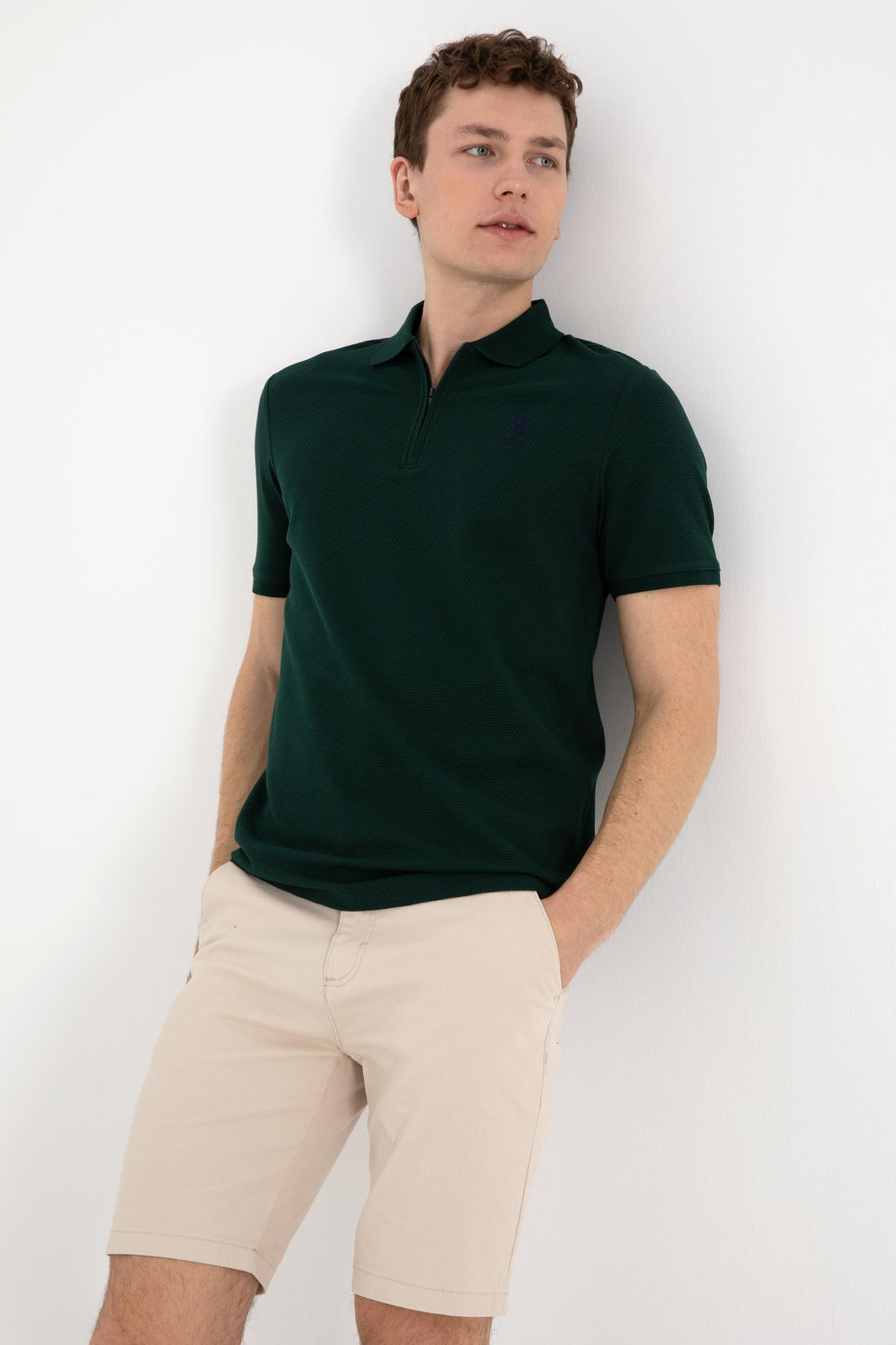 Erkek Regular Fit Fermuarl_ Koyu Ye_il Dokulu Ti__rt