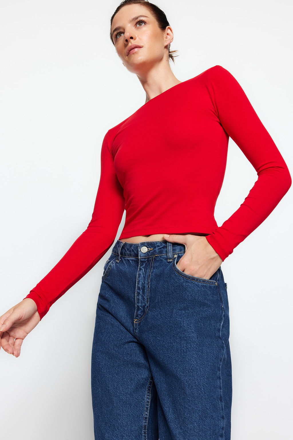 K?rm?z? Pamuklu Esnek S?rt Dekolteli Fitted/Vucuda Oturan Esnek Bluz TWOAW24BZ00160