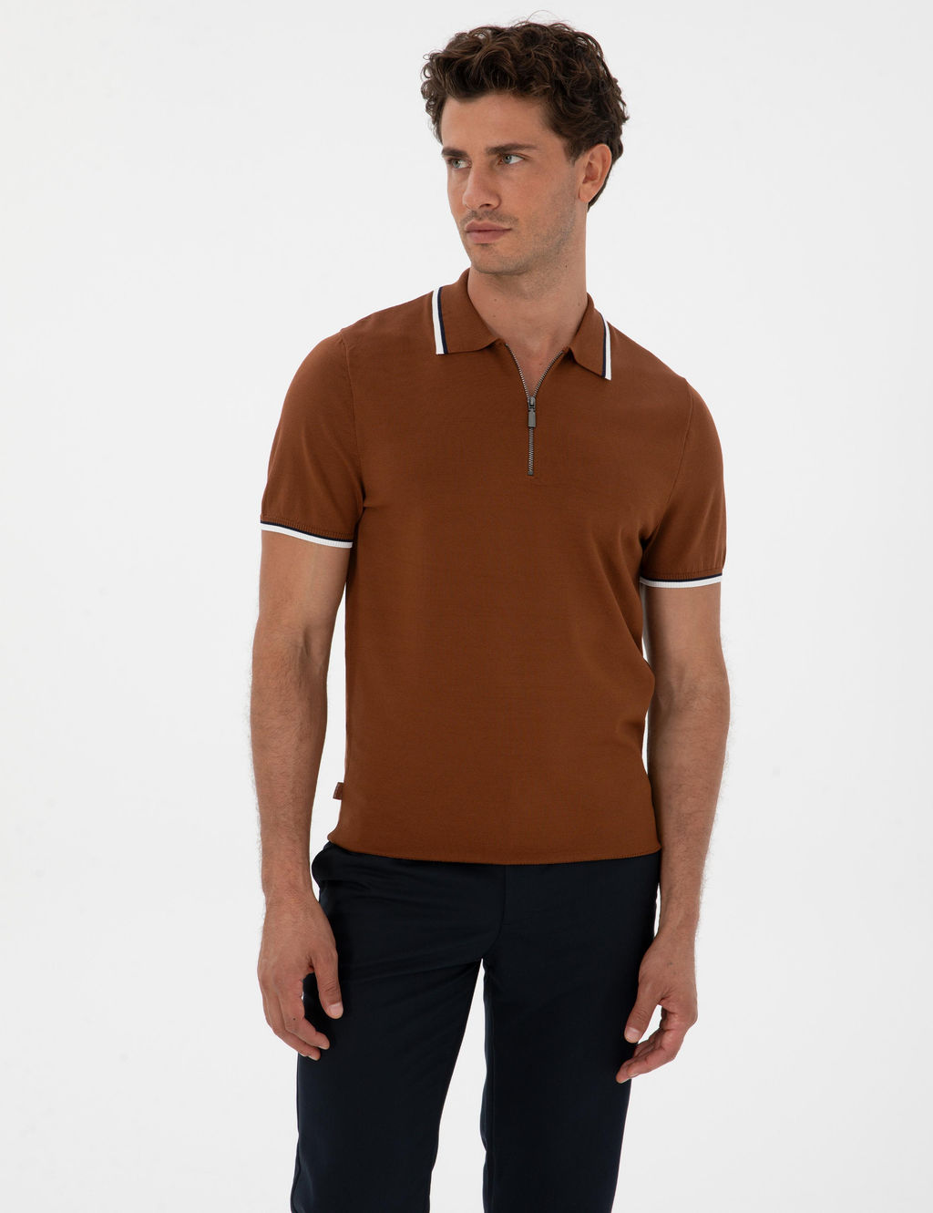 Kahverengi Slim Fit Polo Yaka Fermuarl_ Triko Kazak - Pierre cardin фото 3