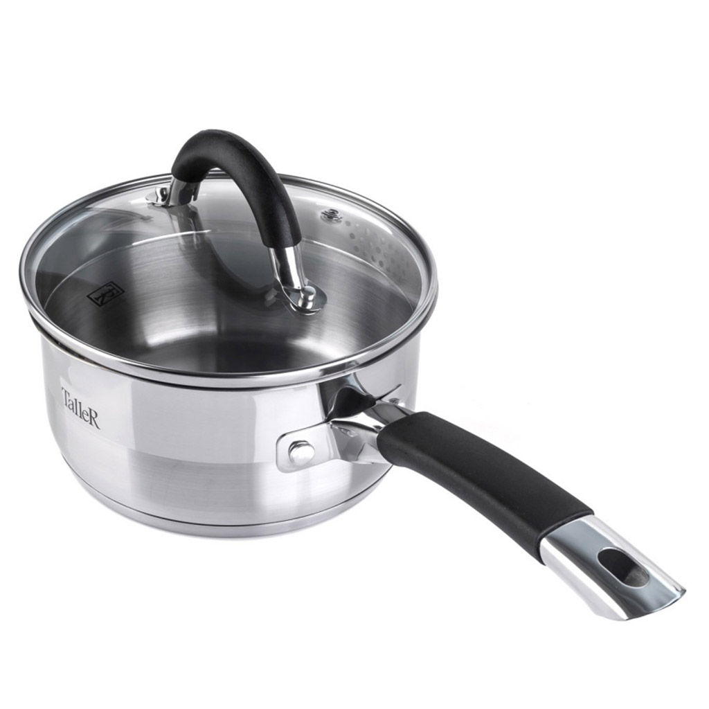 Ковш из нержавеющей стали Телфорд 1,5л, д16см, h8см, s0,6мм, дно s2,8мм, стеклянная жаропрочная крышка, широкий металлический ободок с отверстиями для слива жидкости, пароотвод, ручки из нержавеющей стали с силиконовыми вставками, капсулированное д - Домашняя мода фото 3