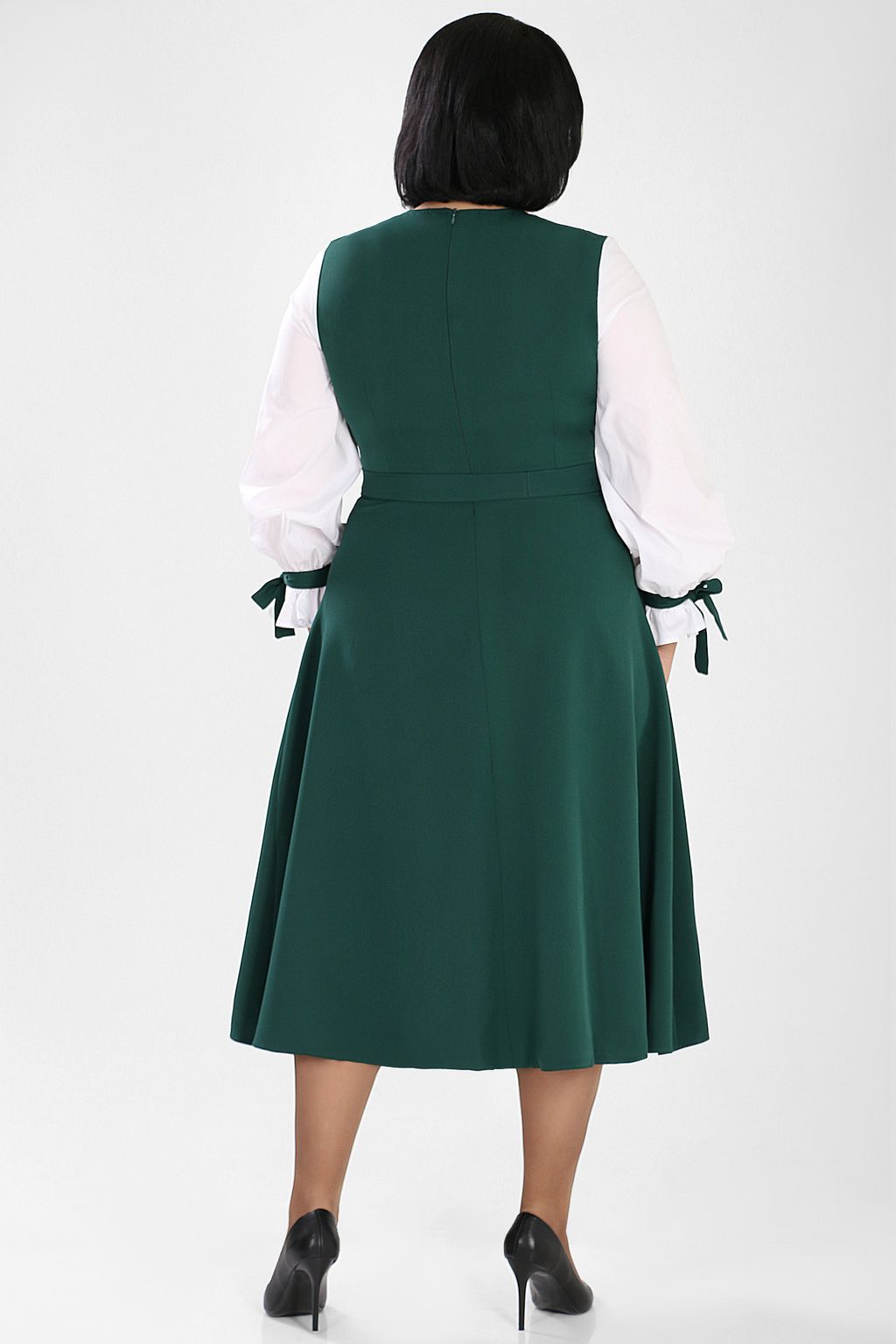 Платье зеленое с белыми длинными рукавами приталенное с поясом - Almond фото 3